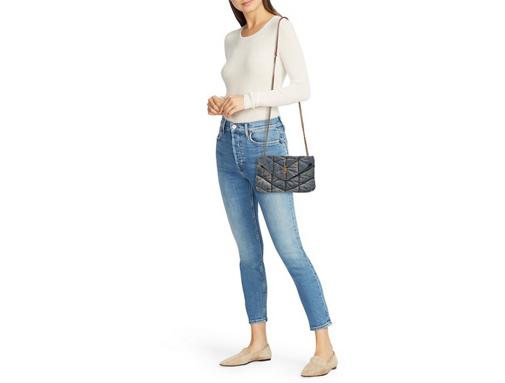 YSL PUFFER MEDIUM CHAIN BAG QUILTED VINTAGE DENIM &amp; SUEDE