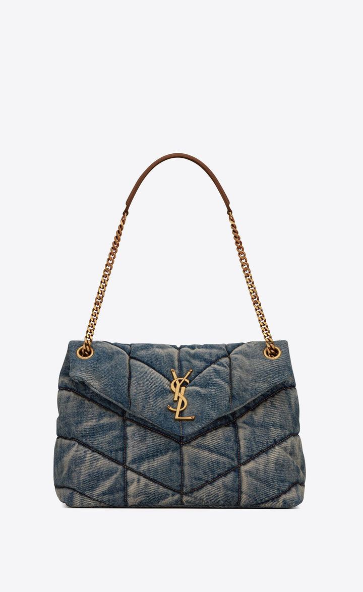 YSL PUFFER MEDIUM CHAIN BAG QUILTED VINTAGE DENIM &amp; SUEDE
