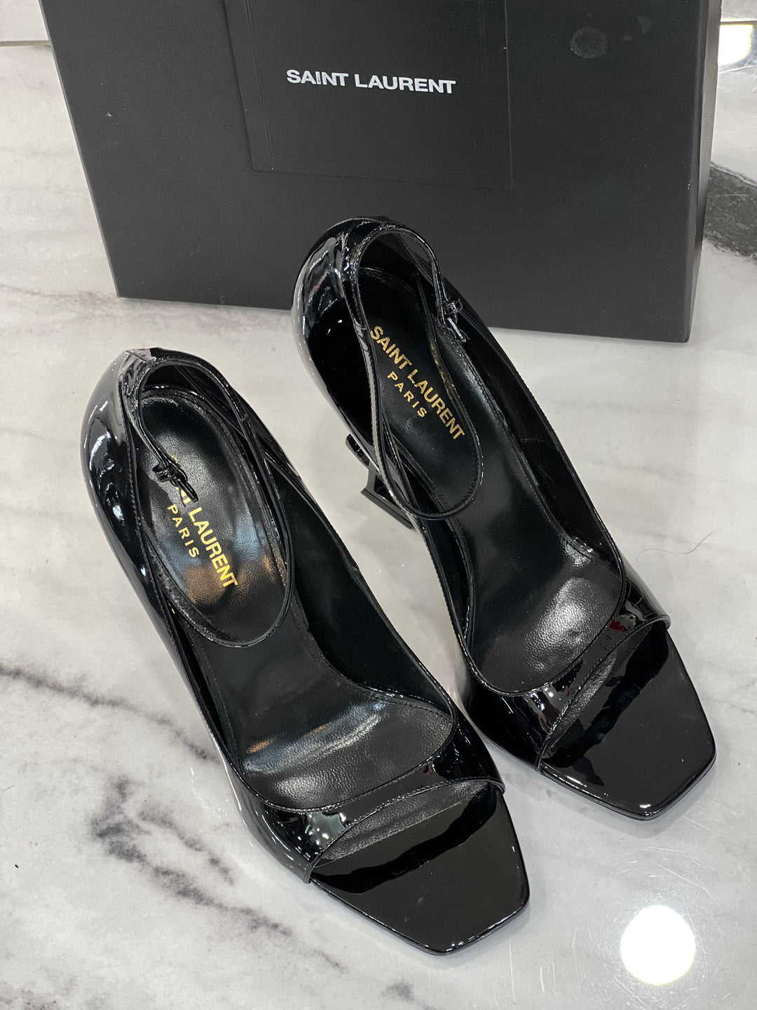 YSL SAINT LAURENT BLACK 'OPYUM' HEELED SANDALS – Caroline's