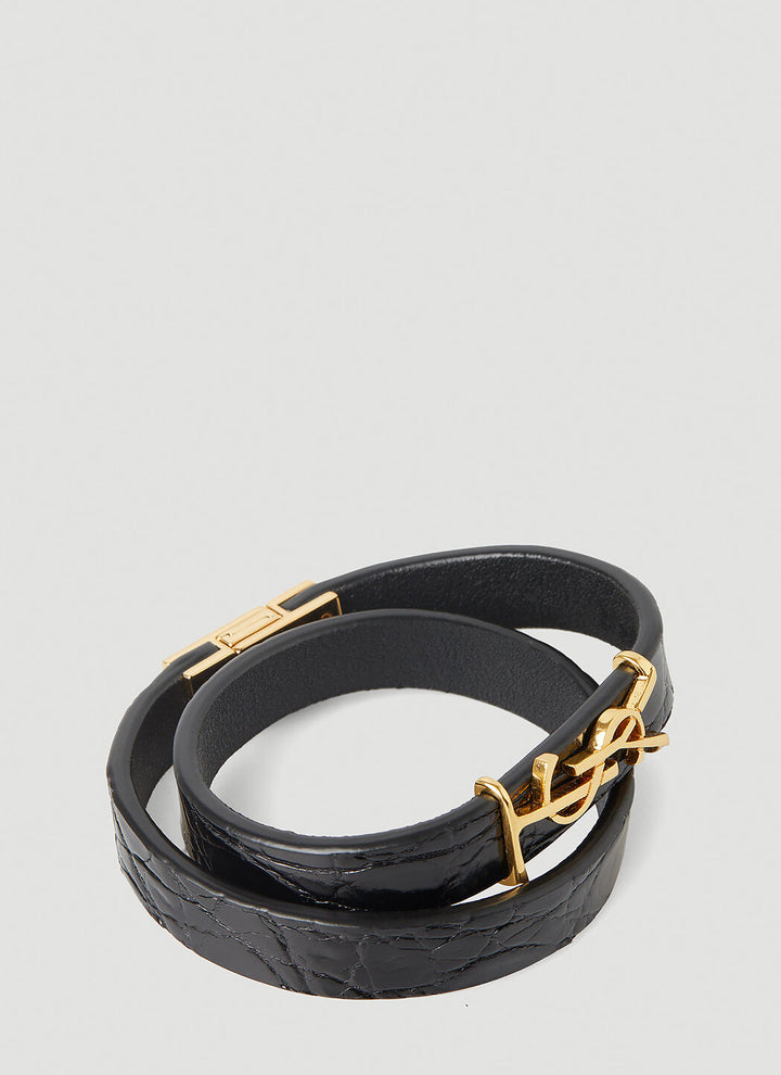 YSL OPYUM CROC EMBOSSED DOUBLE WRAP LEATHER BRACELET