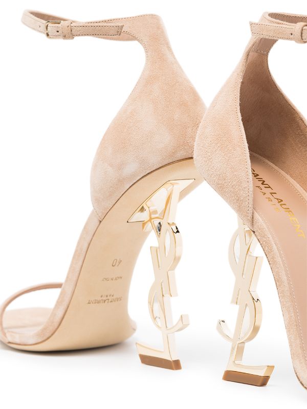 Saint Laurent Tan Suede YSL Logo-Heel Sandals YVES SAINT LAURENT OPYUM SUEDE HEELS SANDALS – Caroline main image 4