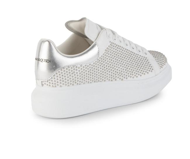 Alexander McQueen White Silver Studded Metallic Leather Platform Sneakers