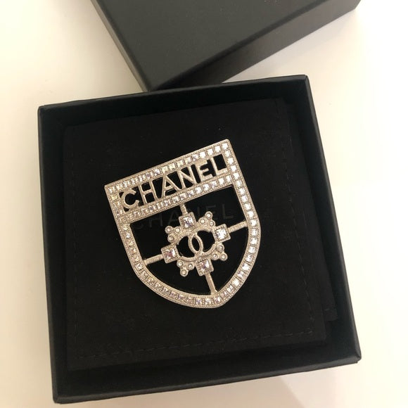 CHANEL CC Crystal Crest Shield Armor Brooch