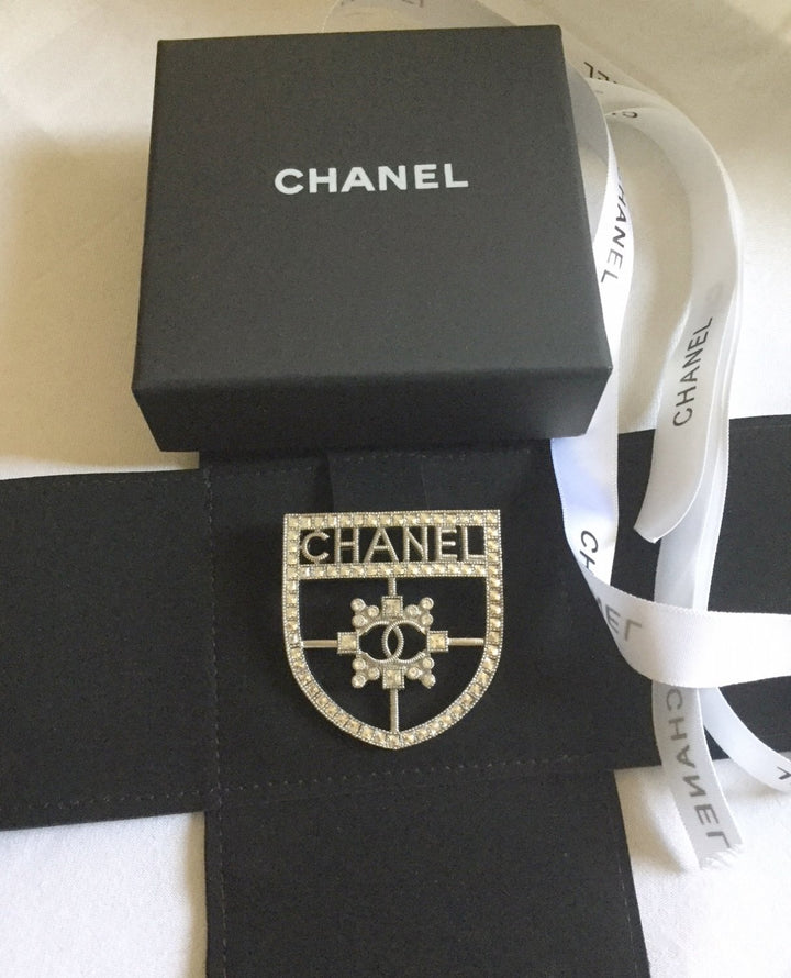CHANEL CC Crystal Crest Shield Armor Brooch