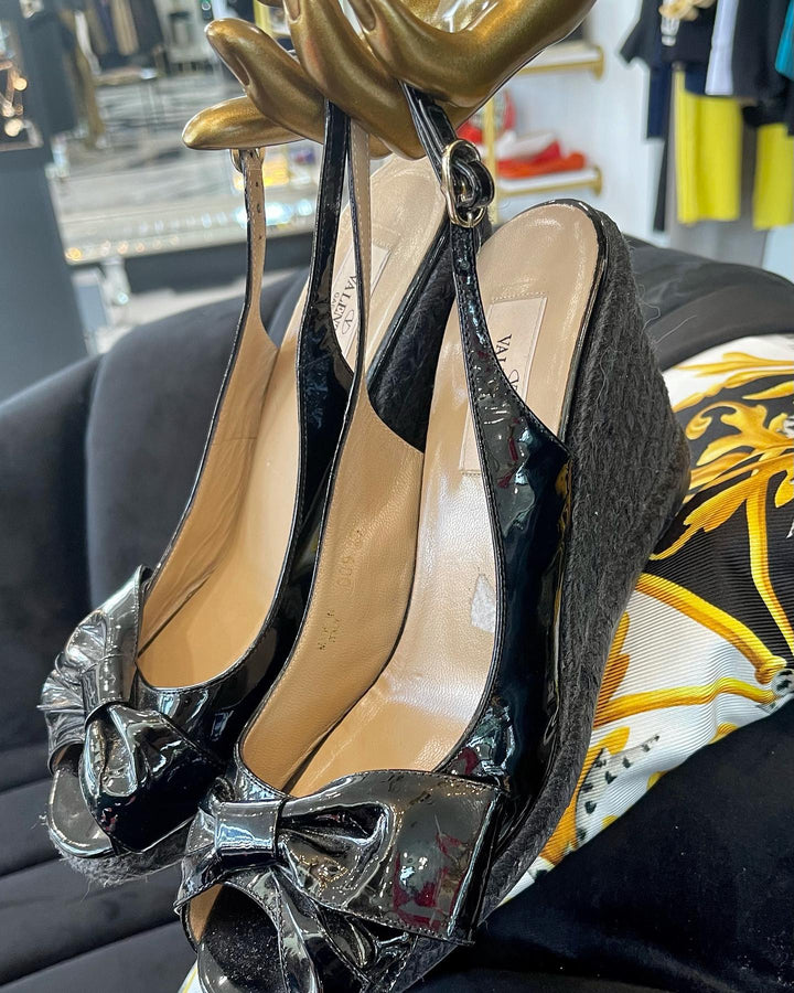 Valentino Patent Leather Bow Accents Espadrilles Black