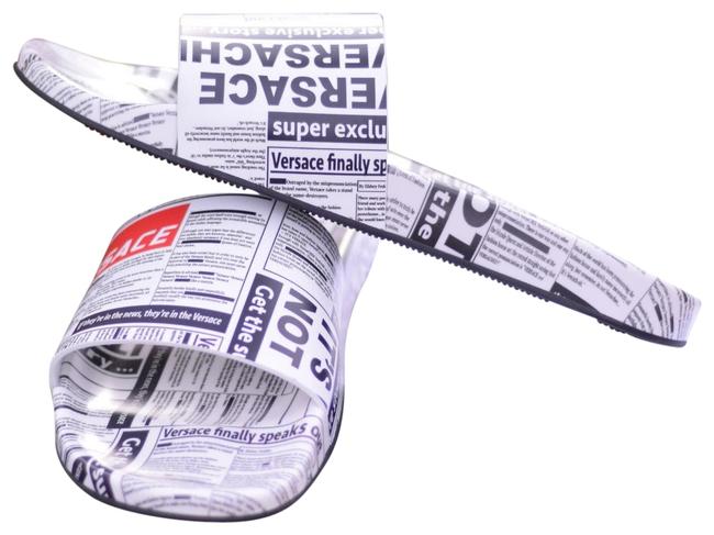 Versace White Newspaper Printed Slides – Caroline